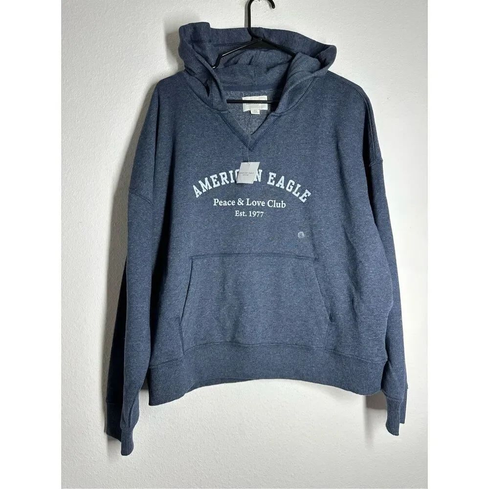 NWT American Eagle Classic Graphic Cotton Blend Hoodie Size L Navy Logo Packets
